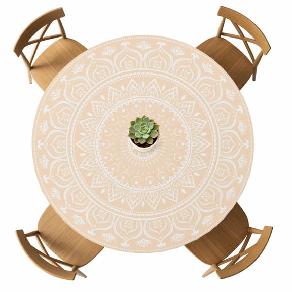 Round Fitted Tablecloth with Elastic Cream Boho Tablecloths Waterproof Oil Proof Gorgeous Bohemian Flower Table Cover for Kitchen Dinner Holiday Party Picnic Fits Tables up to 36"- 44" Diameter
