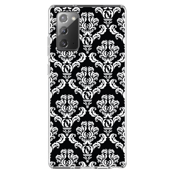 DistinctInk Clear Shockproof Hybrid Case for Galaxy Note 20 ULTRA (6.9" Screen) - TPU Bumper, Acrylic Back, Tempered Glass Screen Protector - Black White Damask Pattern - Floral Damask Pattern