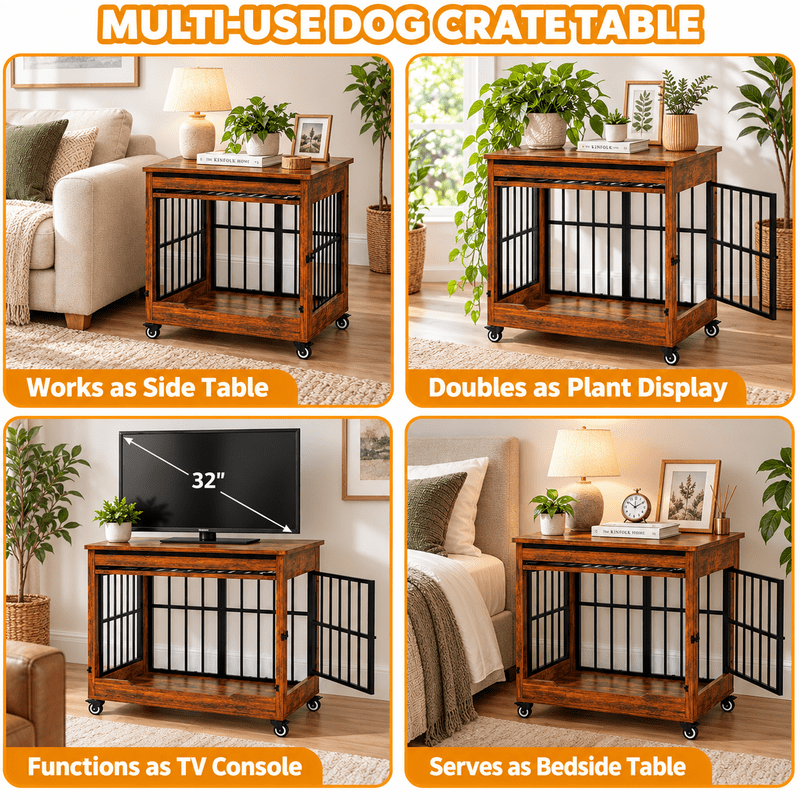 46" Large Dog Crate Furniture, Double Door Wooden Dog Kennel with Removable Curtain, Lockable Caster Wheels, Indoor Pet Cage End Table for Extra Large Dogs
