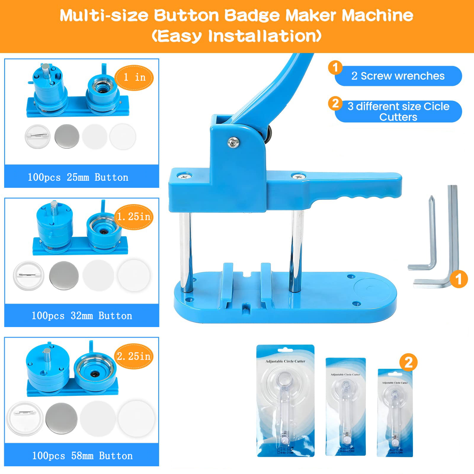 VIFERR Button Maker Machine, 300pcs Button Making Supplies Multiple Sizes  1+1.25+2.28 inch DIY Pin Button Press Machine Button Badge Blue 