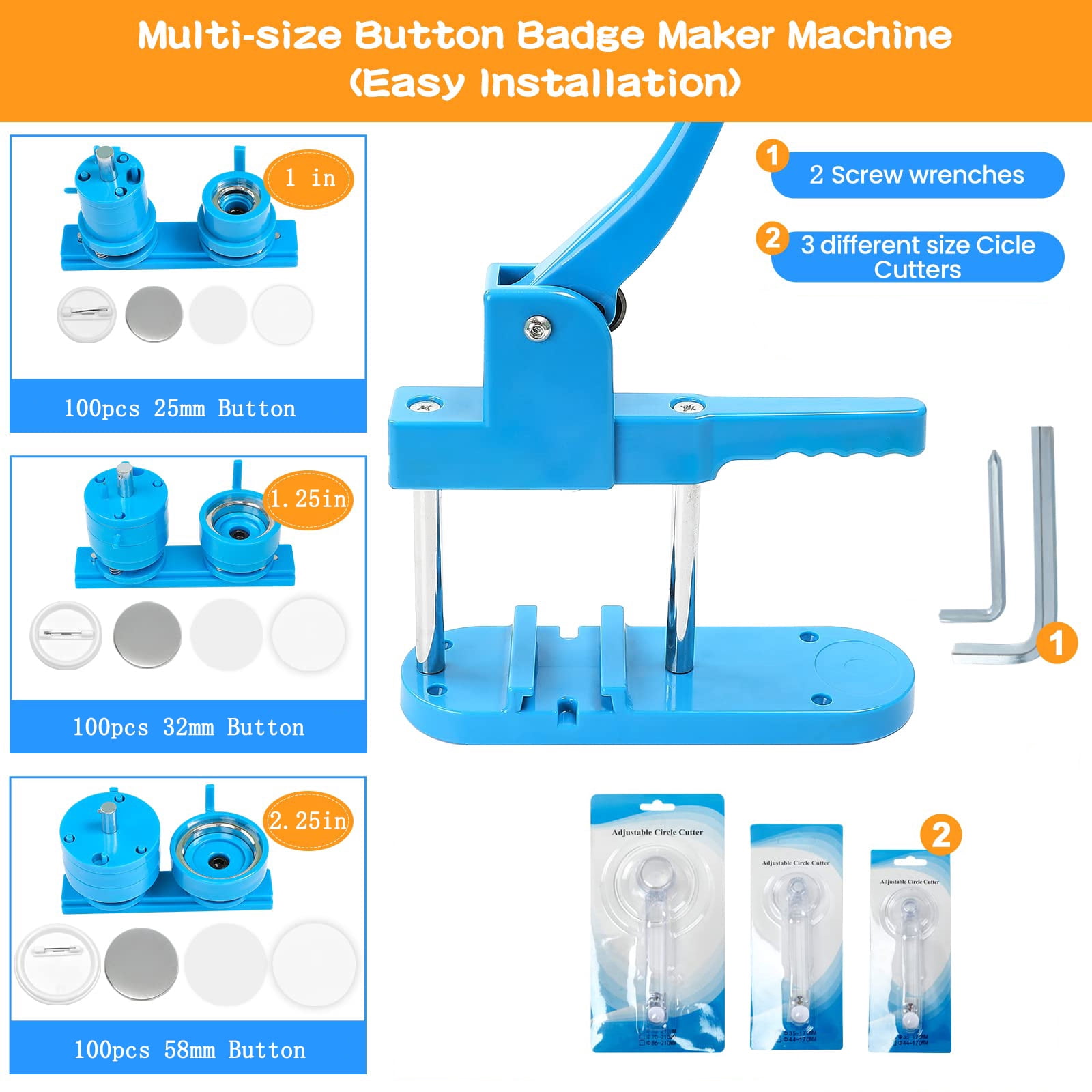 Maxmartt DIY Button Maker Machine Multiple Sizes 300Pcs,Pin Badge 1+1.25+2.25" (Blue, 25/32/58mm)
