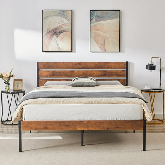 VECELO Queen Size Metal Platform Bed with Wooden Headboard, Rustic Country Style Bed Frame and Strong Metal Slats, Dark Brown