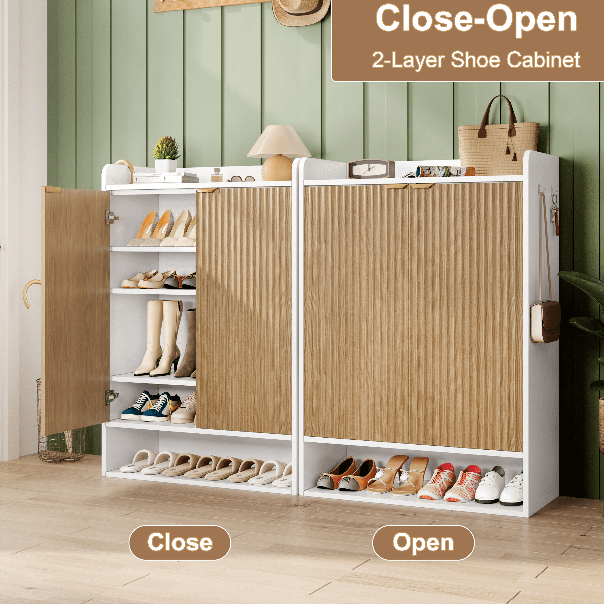 Extra Wide Shoe Storage Cabinet, 20 Pairs Shoe Organizer Cabinet with 2 hooks, Shoe Cabinet for Enterway