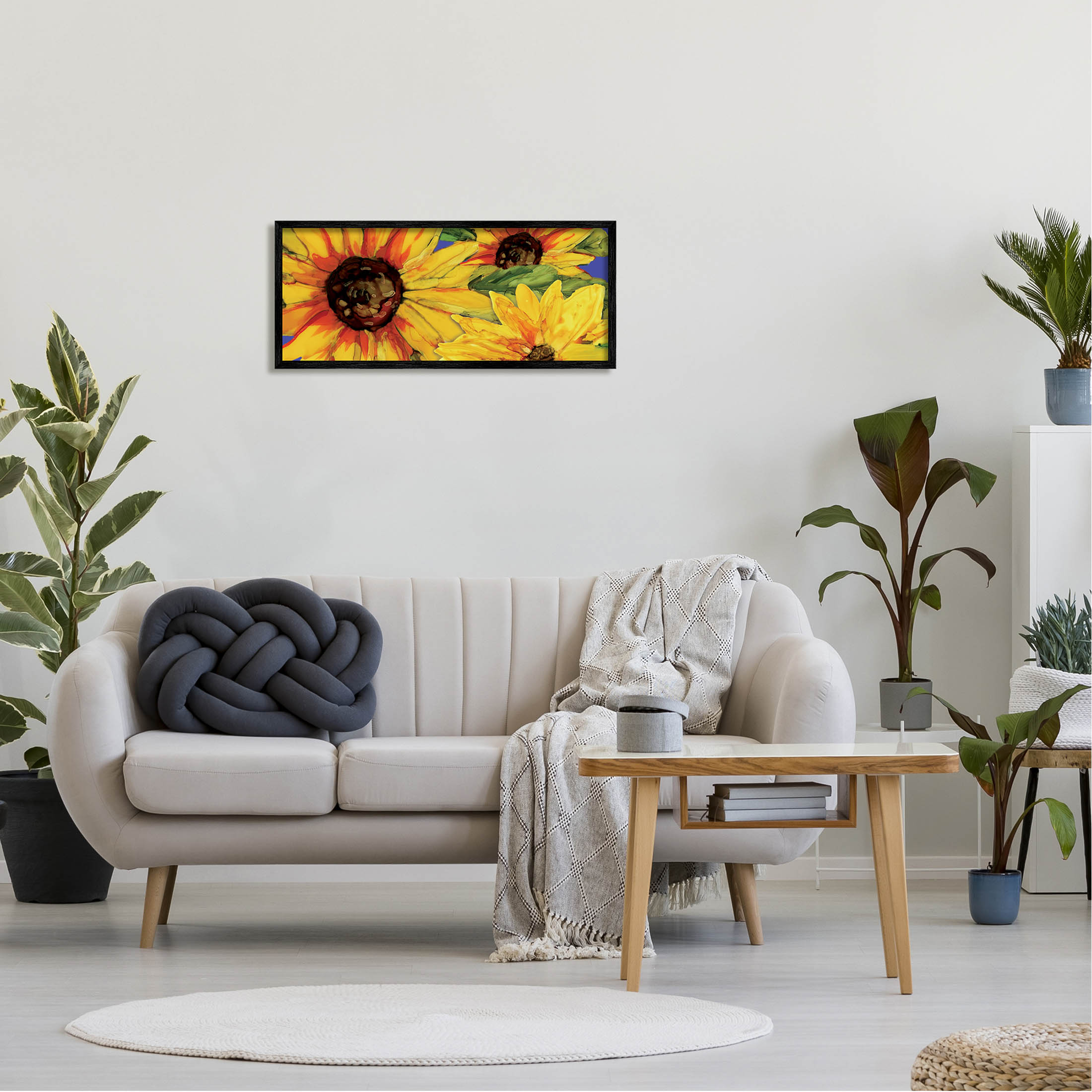 Modern Yellow Sunflower Trio Botanical & Floral Graphic Art Black Framed Art Print Wall Art