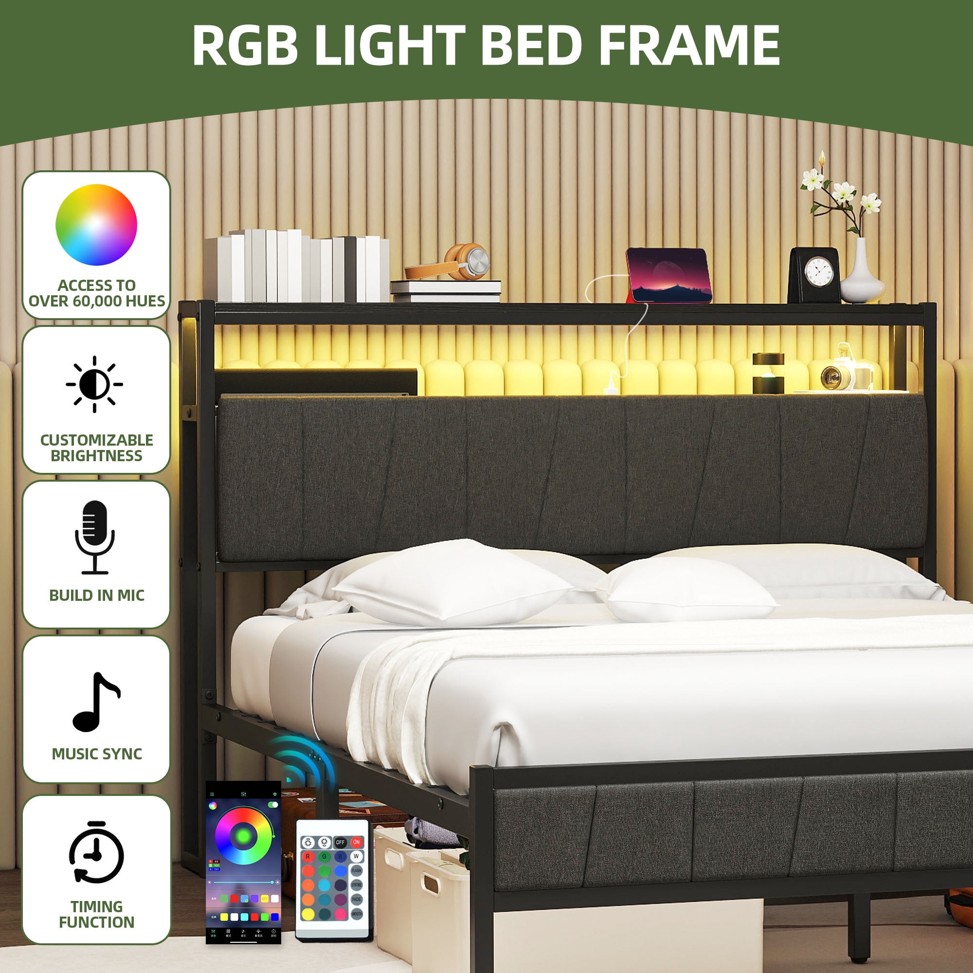 Uforic Queen Bed Frame with LED Lights, Power Hub, and Storage Headboard, No Box Spring Needed, Gray
