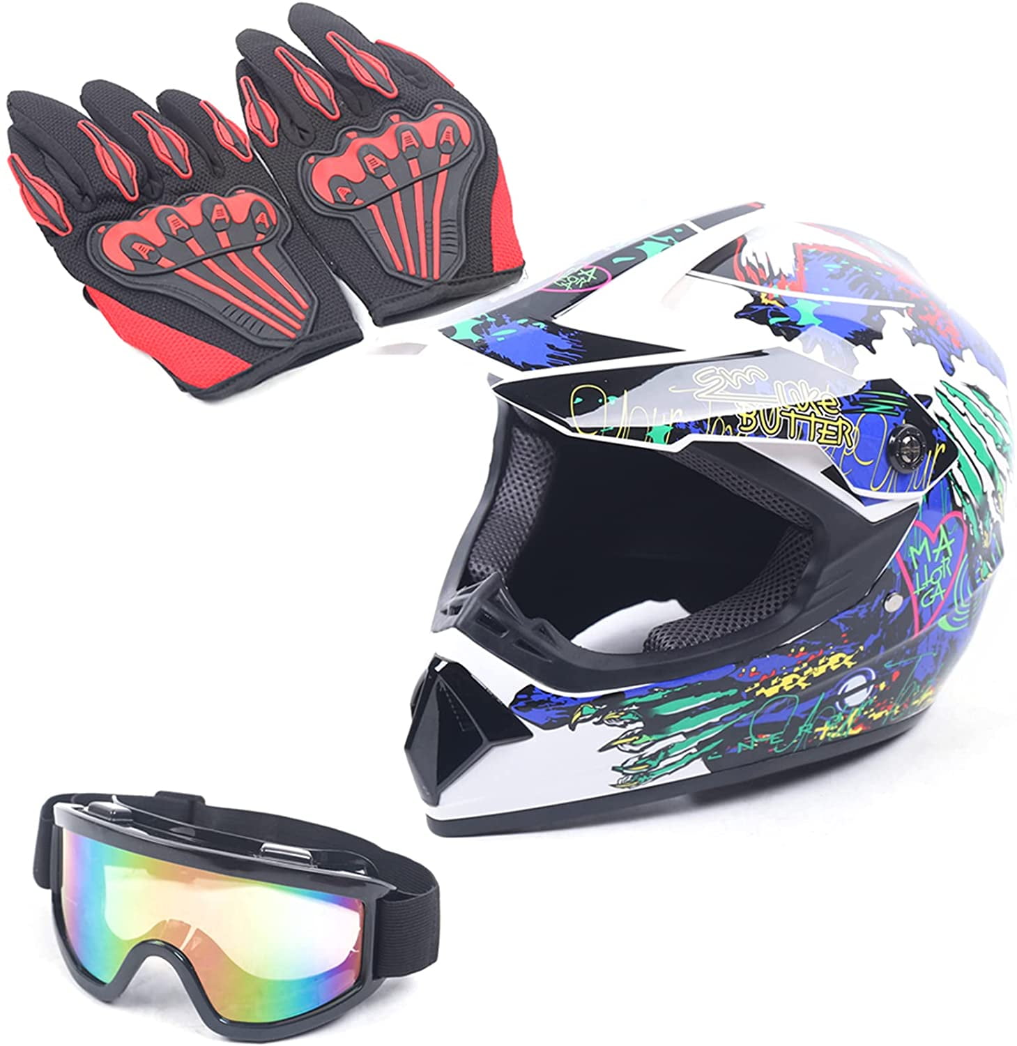 Adult Motocross Helmet MX Downhill Helmet Gift Goggles mask Gloves Mountain Bike Racing Helmet for Men and Women,F,M