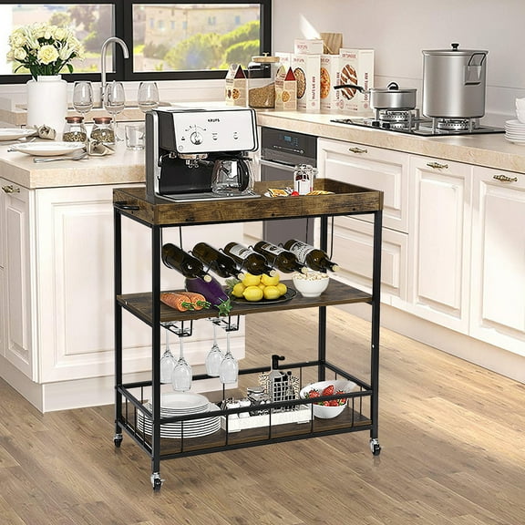 3-Tier Bar Carts Kitchen Serving Utility Cart on Wheels with Storage for Outdoor,Kitchen,Club,Living Room, Wood Furniture with Metal Frame
