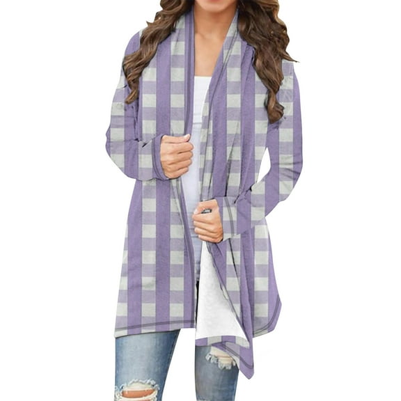Guieoi Jackets for Women Clearance under $10.00 Women's Casual Long-sleeved Plaid Printed Cardigan Jacket Purple Black*Friday/Cyber*Monday Clearance