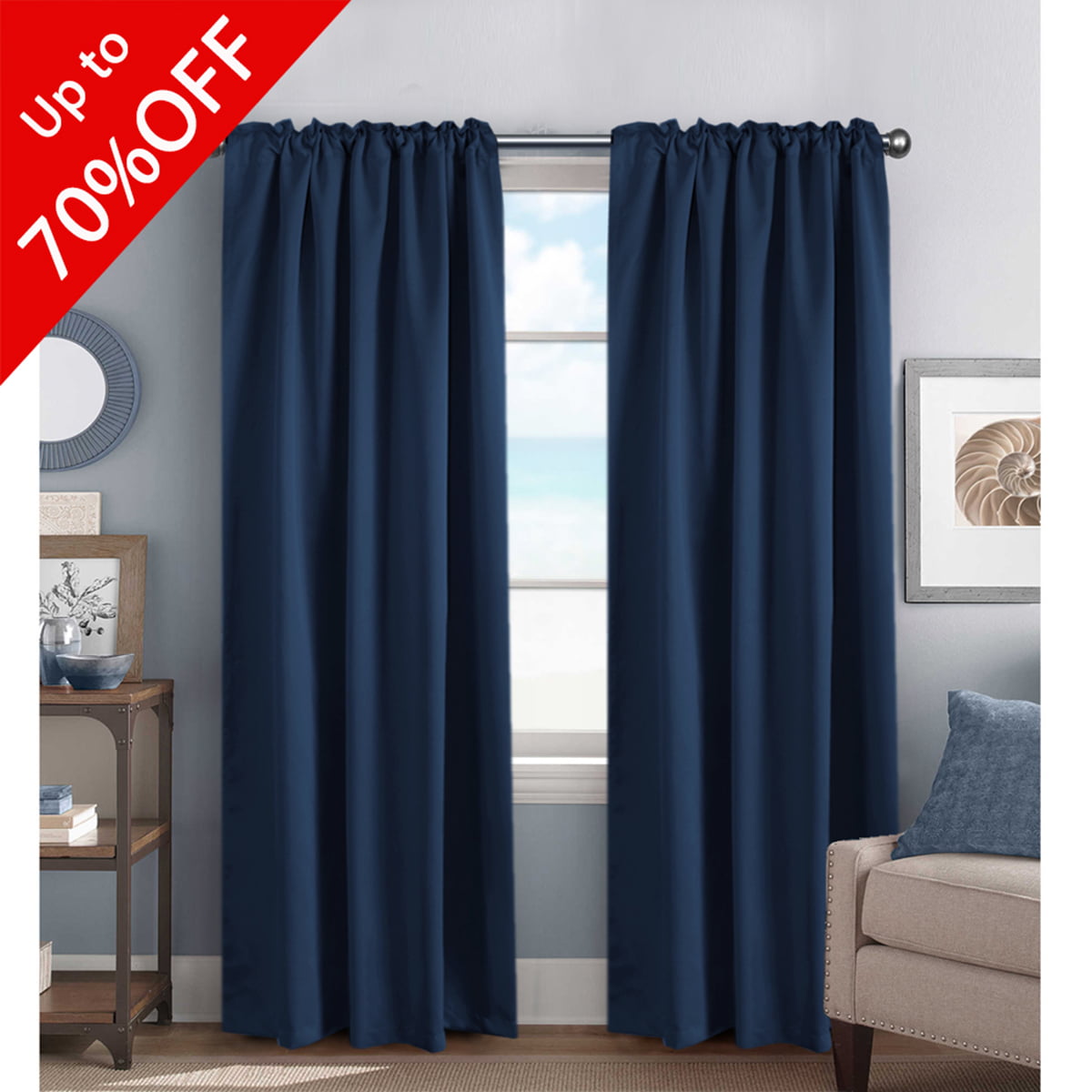 Navy Curtains Blackout Thermal Insulated Curtain Panels, Back Tab / Rod