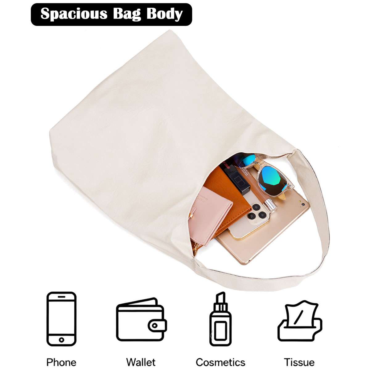 Spencer Retro PU Bags for Women Tote Bag with Purse Slouchy Bag Hobo Handbag Crescent Satchels Shoulder Bag, 2pcs Bag Set, Beige
