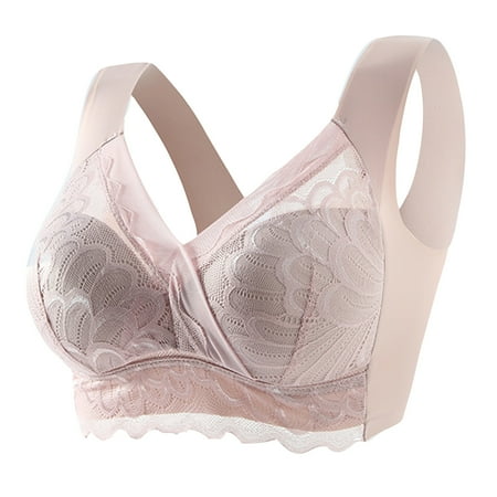 Bras for Women Full Figure Minimizer Plus Size Wire Free Beauty Lace Padded Full Coverage Cute Wide Strap Lift Up Bra Pink 50C