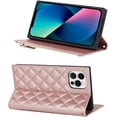 thumbnail image 4 of Crossbody Wallet for iPhone 12 Pro Max Case with Adjustable Lanyard Strap Card Holder 6.7",PU Leather Zipper Handbag Purse Kickstand Lattice Pattern Cover Case for Men Women Girl,Rose Gold, 4 of 13