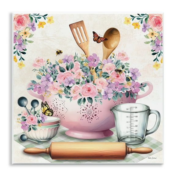 Stupell Industries Pink Florals & Utensils Food & Beverage Painting Unframed Art Print Wall Art, 12 x 12