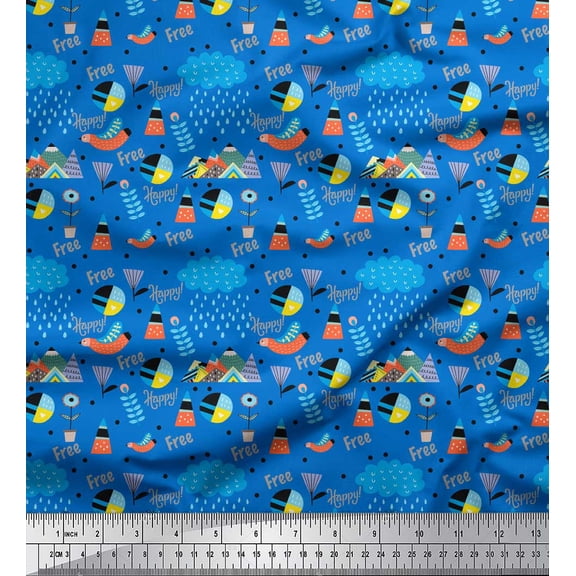 Soimoi Blue Poly Georgette Fabric Happy & Free Text Printed Fabric 1 Yard 52 Inch Wide