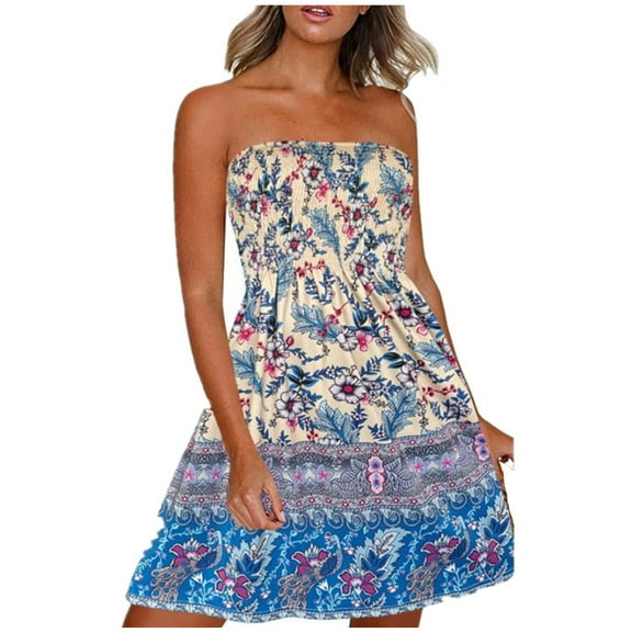 Boho Dress for Women, Strapless Mini Dress for Women Summer Beach Cover Ups Boho Floral Print Sundress Flowy Skater Mini Tube Dress