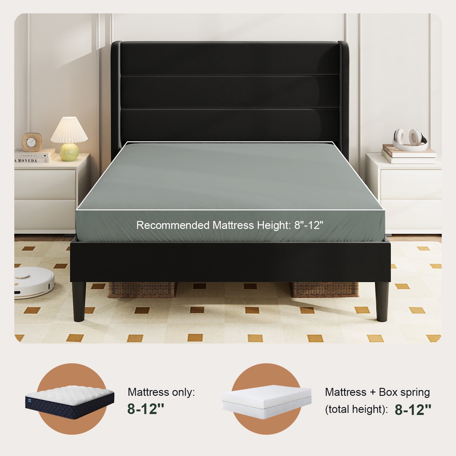 Amolife Full Size Platform Bed Frame with Velvet Upholstered Wingback Headboard, No Box Spring Needed, Black