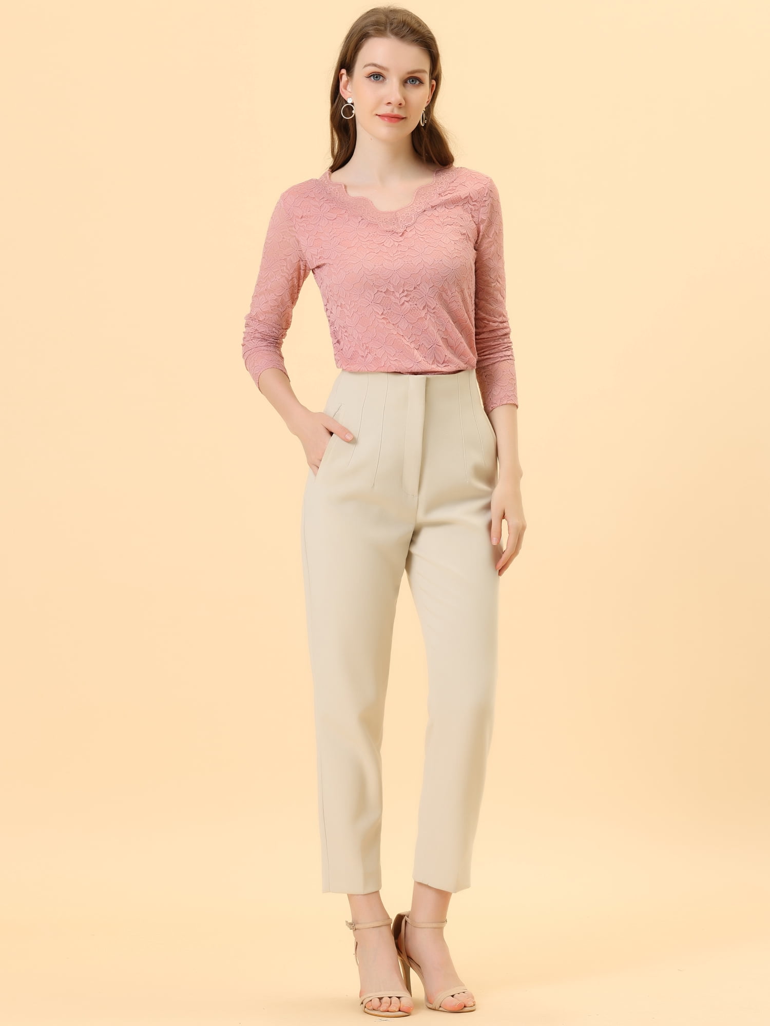DARING DIVA Floral Lace Shirt Lace Scalloped Trim Blouse S Pink