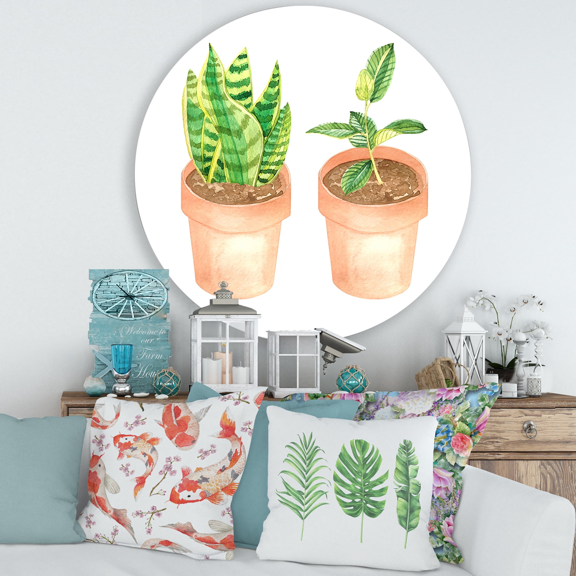 Designart 'Ficus and Sansevieria Indoor Green Home House Plants' Traditional Circle Metal Wall Art 36x36 - Disc of 36