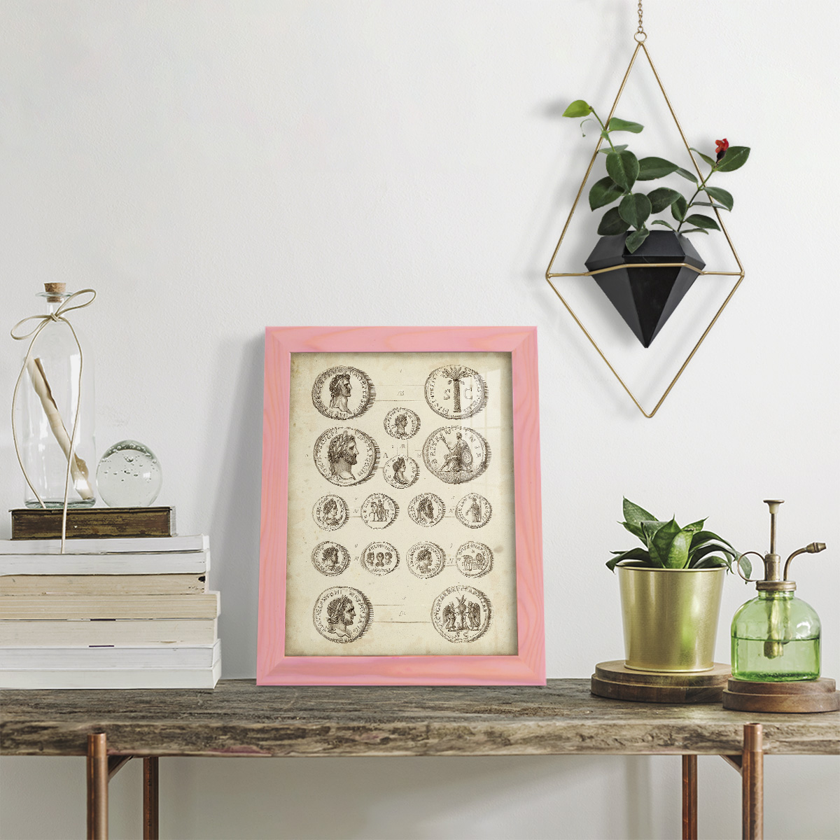 Antique Roman Coins IV -Framed Print w/glass-Sunset Pink