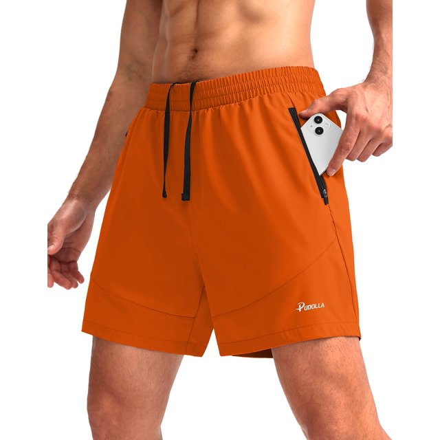 Pantalones cortos para correr Pudolla para hombre, entrenamiento atlético, color naranja