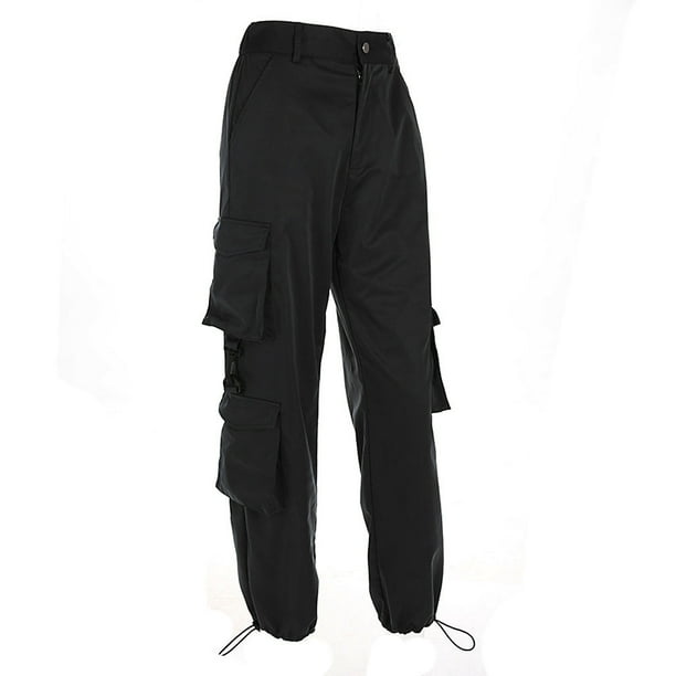 Black Streetwear Cargo Pants Women Zipper Pockets Patchwork