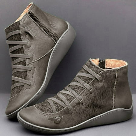 

Women s Casual Flat Leather Retro Lace-up Boots Side Zipper Round Toe Shoe Boots