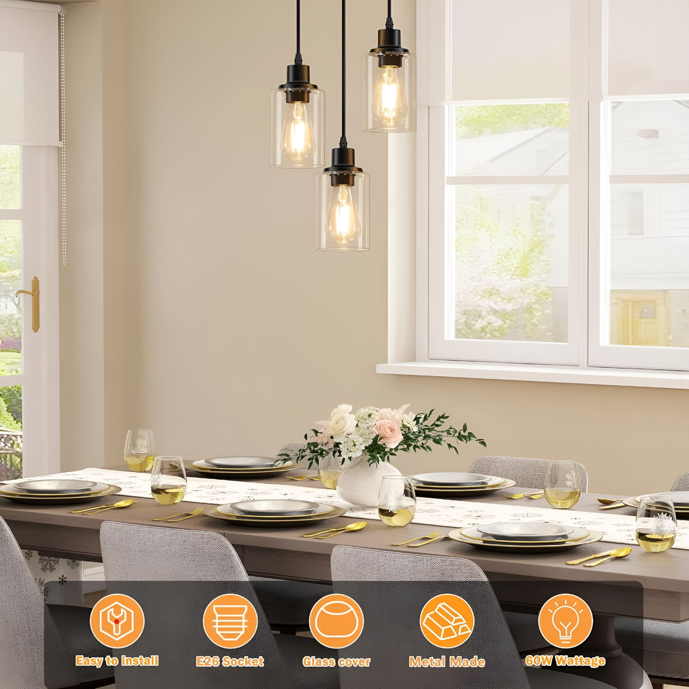 HIBIBUD 2026 New 3-Light Pendant Light Fixtures Cluster Pendant Kitchen Island Pendant Lighting with Clear Glass Shade Hanging Light Fixtures with Adjustable Cord for Dining Room,Hallway,Living Room