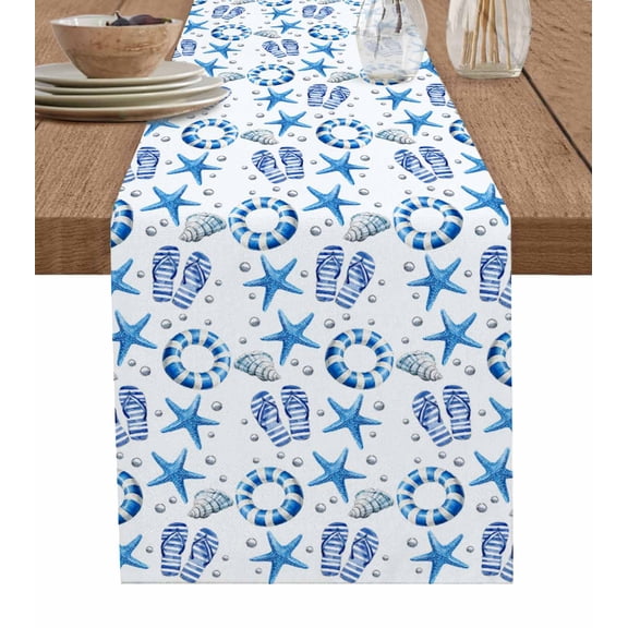 Blue Starfish Table Runner 72 Inches, Swimming Ring Slippers Conch Pearl Bed Runner Dresser Scarves Tabletop for Indoor Outdoor Parties/Ceremony/Banquet, 14" x 72"