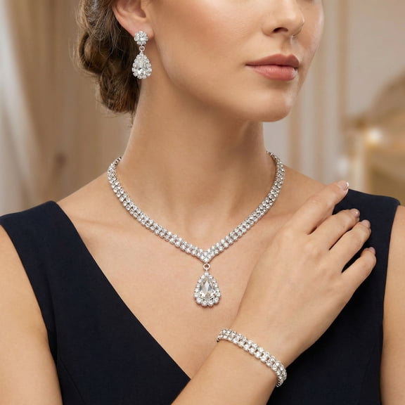 Miallo Luxury Rhinestone Jewelry Set for Wedding, Teardrop Pendant Necklace Dangle Earrings and Stretch Bracelet Set for Party