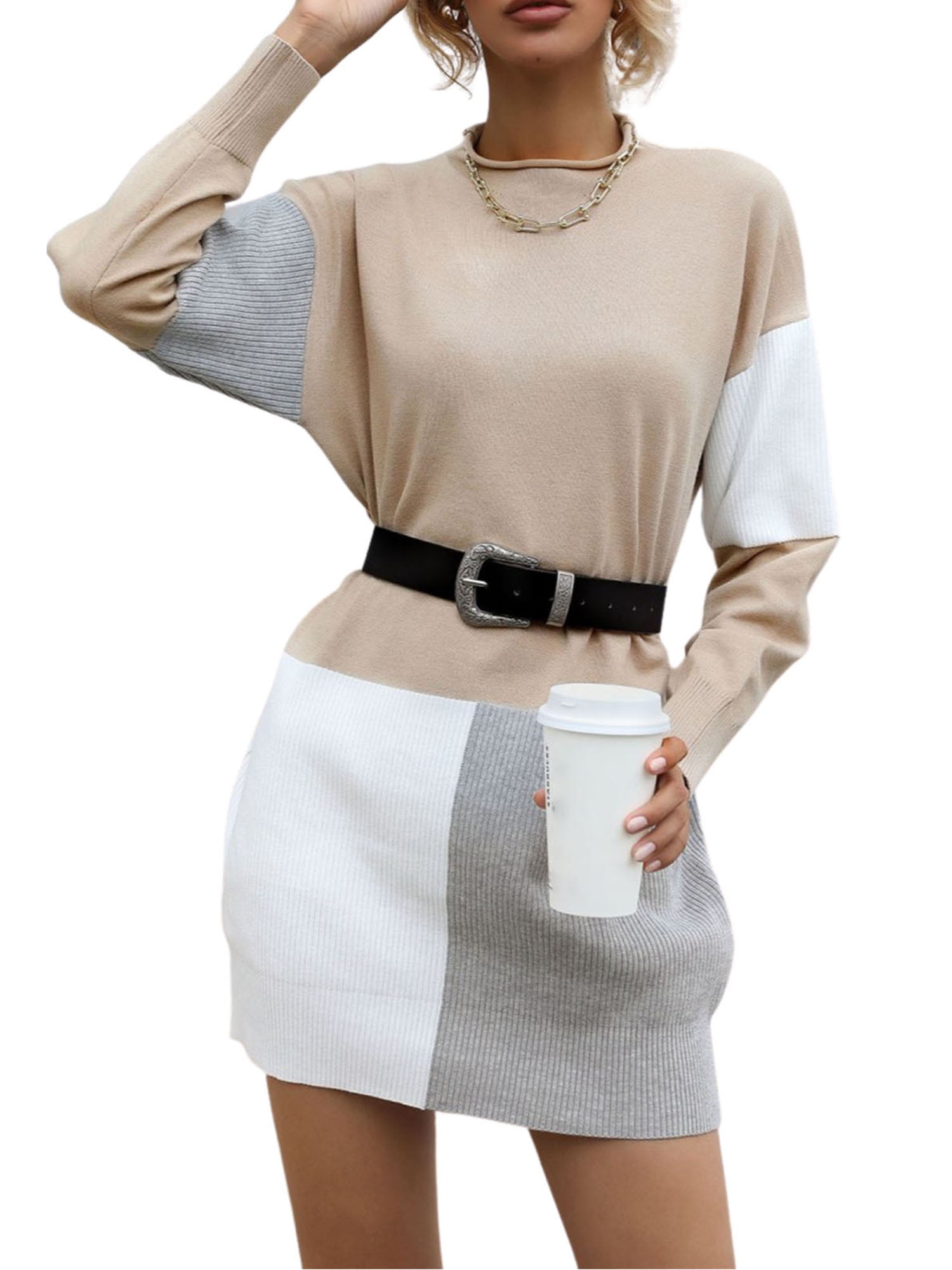 Women Sweater Dress Casual Long Sleeve V Neck One Piece For Autumn Winter Pullover Knit Dress Walmart Com