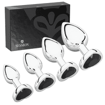 Session Butt Plugs, 4-Piece Training Set, Anal Plug Toys, Stainless Steel Jewel Charm, Silver & Black, Heart Shape