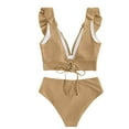 thumbnail image 3 of MGDXOX Womens Cute Ruffle Vneck Bikini Set Summer Beach Two Piece Swimsuit Tie Back Bathing Suit Cruise Outfits Beige XL, 3 of 5