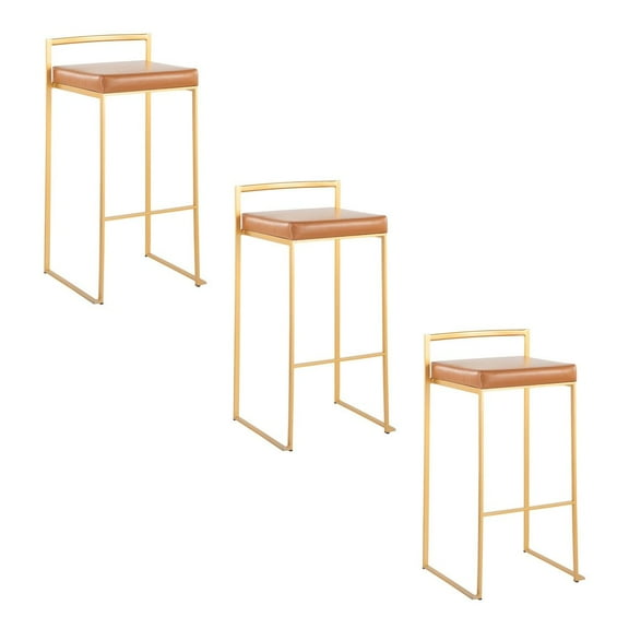 LumiSource Fuji Stacker 30" Fixed-Height Barstool - Set of 3 in Gold Steel, Camel PU color