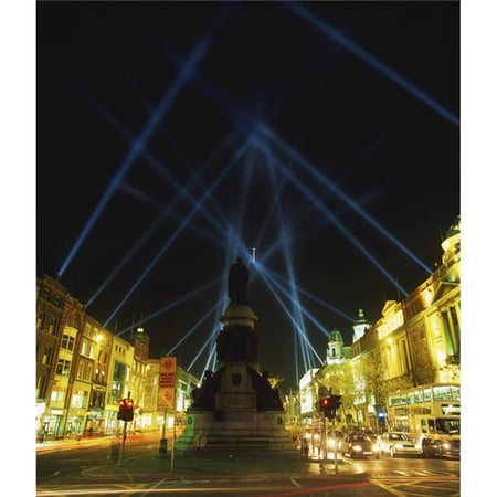 Spire of Dublin OConnell Street Dublin Ireland - Eu Celebrations with Searchlights in Night Sky Poster Print by The Irish Image Collection 14 x 16