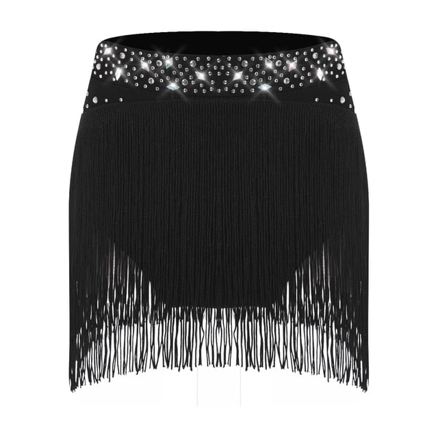 Sinleey Jupe de Danse Ballet Moderne Salsa Samba Rumba Tango Cha à Franges pour Filles Enfants Shorts de Danse de Salon Noir 10