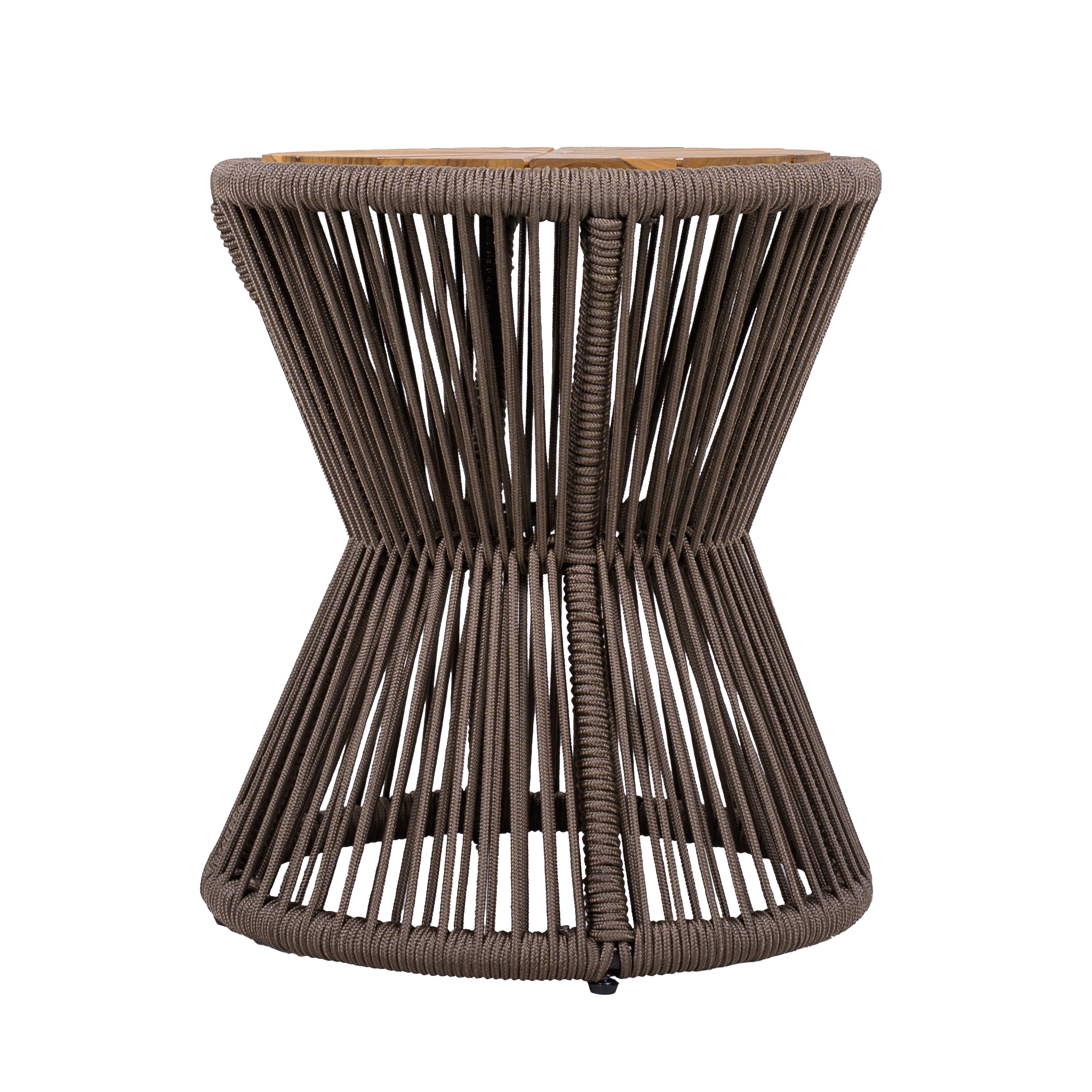 Side Table, Outdoor Dark Grey Rope and Acacia Wood Hourglass Design Table for Patio Deck, Teak