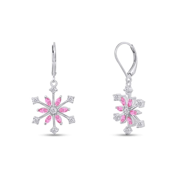 Marquise Cut Simulated Tourmaline & Round White Cubic Zirconia Snowflake Leverback Drop Dangle Earrings In 14k White Gold Over Sterling Silver For Womens Her