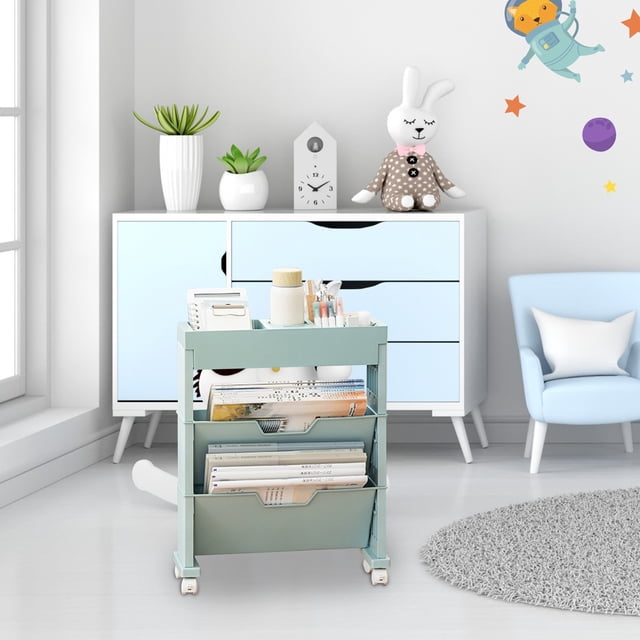 Bookshelf for Classroom 3-Layer Rolling Utility Car,Mobile Bookshelf,Multifunctional Mobile Bookshelf with Lockable Casters,Suitable for Learning,Office,Kitchen,Classroom