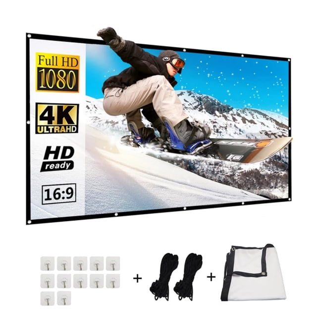 CHUCI-Visualización de Proyector de 120 Pulgadas, 16:9 HD Pantalla de Proyector Portátil,Plegable Portátil, para Exteriores, Interior y Cine en Casa(Gancho y Cuerda In