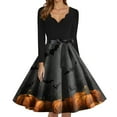 thumbnail image 4 of WTOBBY Women's Elegant V-Neck Slim Fit Halloween Printed Dress with Long Sleeves, Retro Design, and Casual Look for Party Wear and Festive Events ,Gray M, 4 of 5