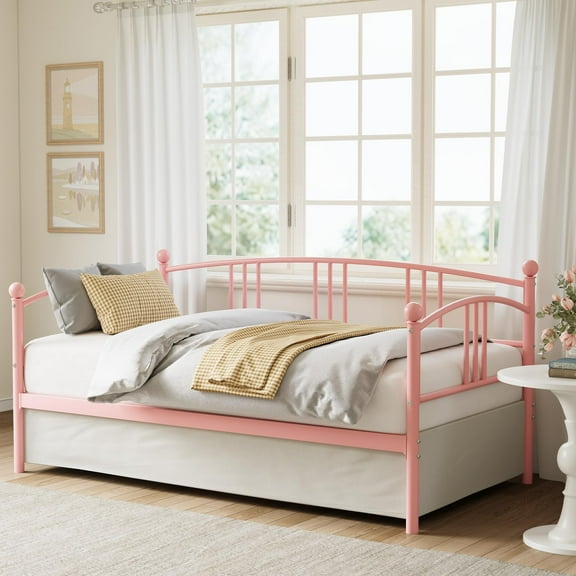 Twin Daybed Without Trundle, Metal Twin Size Daybed with Underbed Storage Space, Steel Slat Support Sofa Bed for Bedroom, Guest Room, Pink