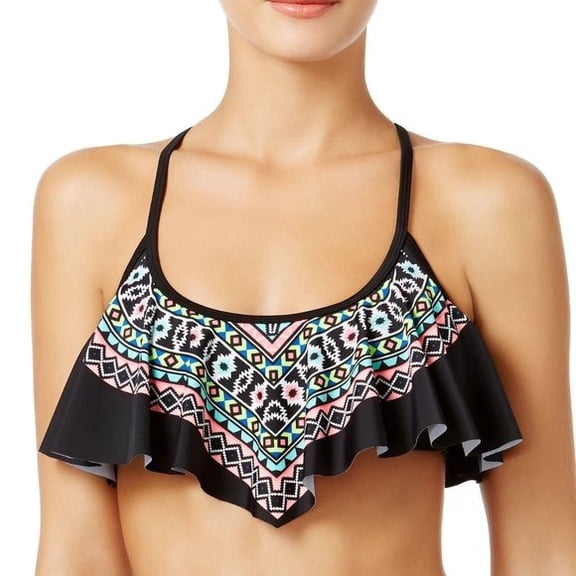 California Waves BLACK MULTI Tribal-Print Flounced Bikini Swim Top, US X-Small