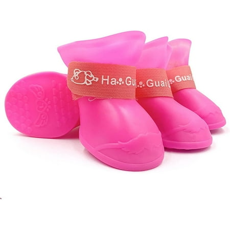 Dog Rain Boots 4PCS Waterproof Dog Anti-Slip Shoes with Adjustable Straps Dog Silicone Boots for Rainy and Snow Weather (Blue  Pink  Large)  FBDB01