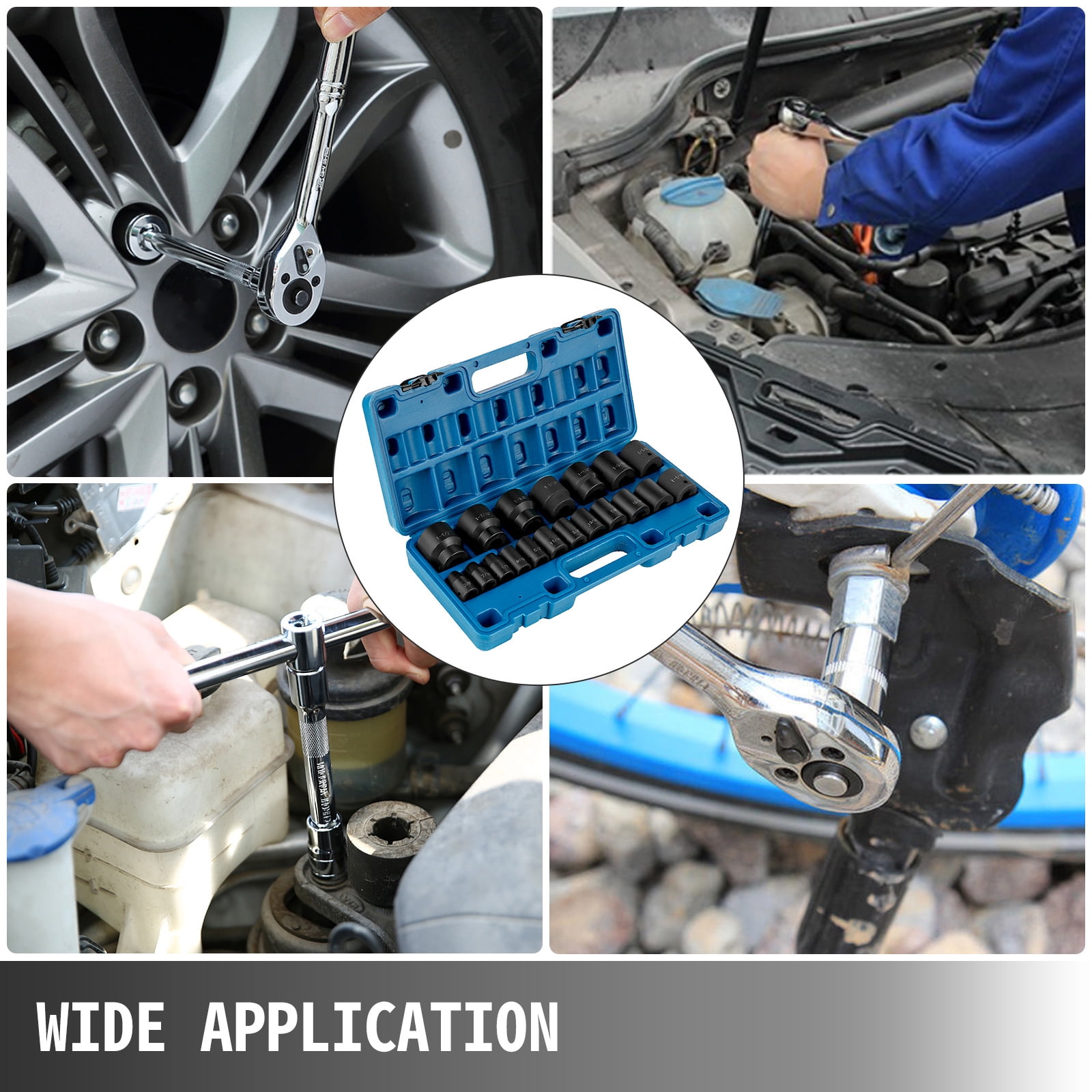 KFFKFF 1/2" Impact Socket Set, Set of 19, SAE Standard Sizes Ranging from 3/8" to 1-1/2", 6-Point Hex Design
