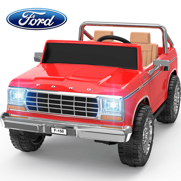 TOKTOO 24V Licensed 1973 Ford F-150 2 Seater Ride On Truck for Kids, Electric Ride On Car with Parent Remote Control, 400W Powerful Wheel, LED Lights, Music Player, Ages 3–8, Red