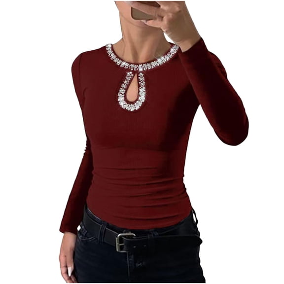 Long Sleeve Shirts for Womens Rhinestone Sequin Keyhole Neck Knit Ribbed Slim Fit Casual T-Shirt Going Out Tops