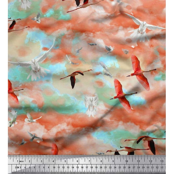 Soimoi Rayon Fabric Flying Stork & Dove Bird Print Fabric by Yard 42 Inch Wide