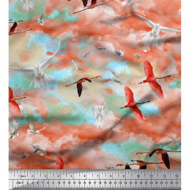 Soimoi Poly Georgette Fabric Flying Stork & Dove Bird Printed Craft Fabric by the Yard 42 Inch Wide
