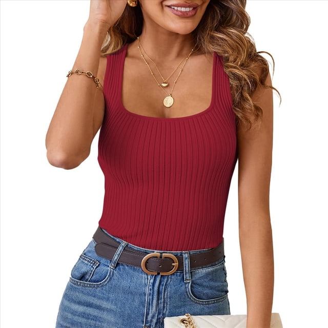 Camiseta Sin Mangas de Punto Acanalado Informal con Cuello Cuadrado de Verano para Mujer, Color Rojo, Talla S
