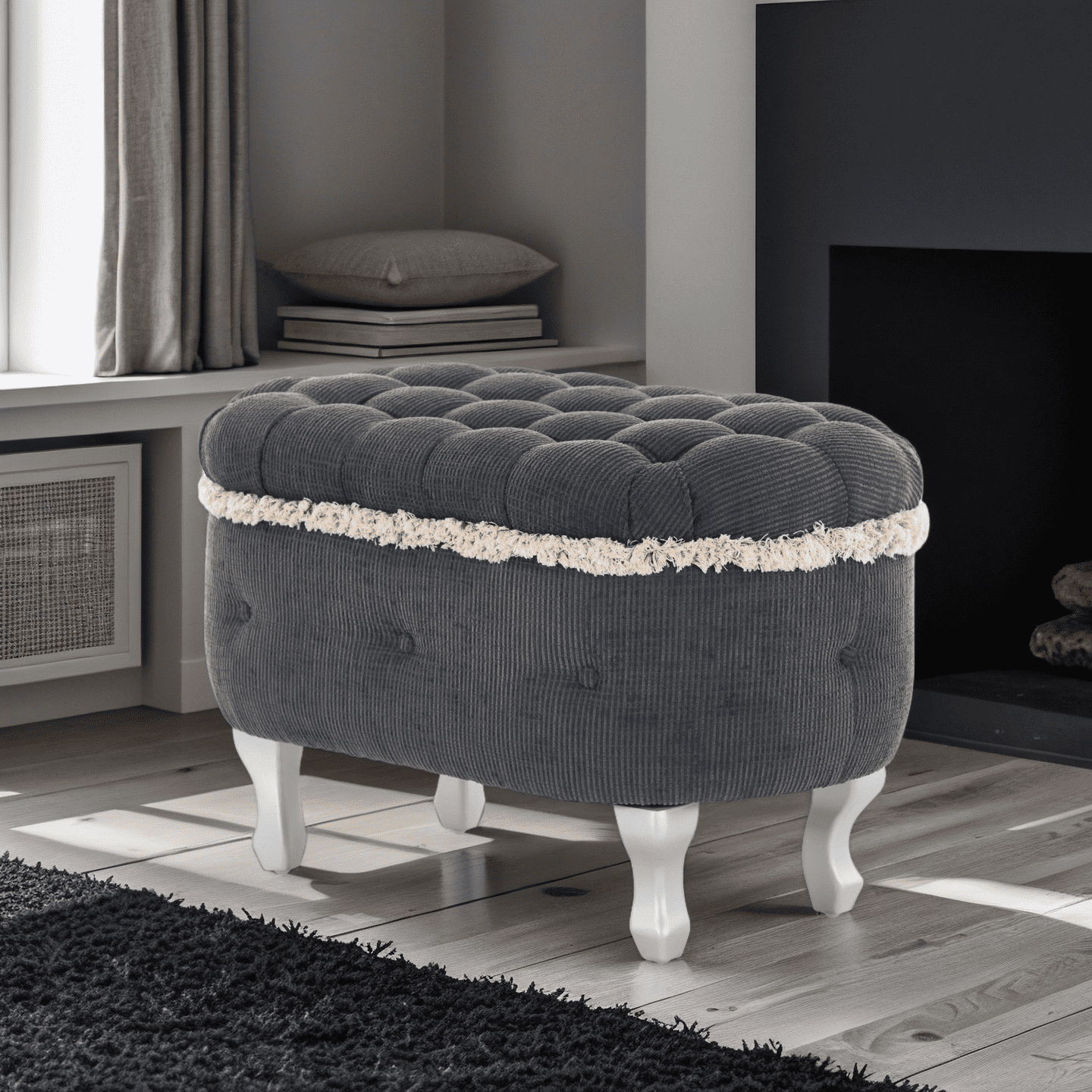 Storage Ottoman Bench with Tufted Design and Tassel Fringe, Multi-Functional Bench for Bedroom Footboard, Entryway Shoe Storage, or Window Seat, High-Density Foam, Grey (29.5"L)